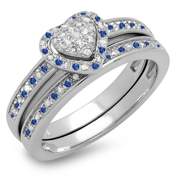 Dazzlingrock Collection Sterling Silver Blue Sapphire & White Diamond Heart Shaped Bridal Ring Set, Size 6
