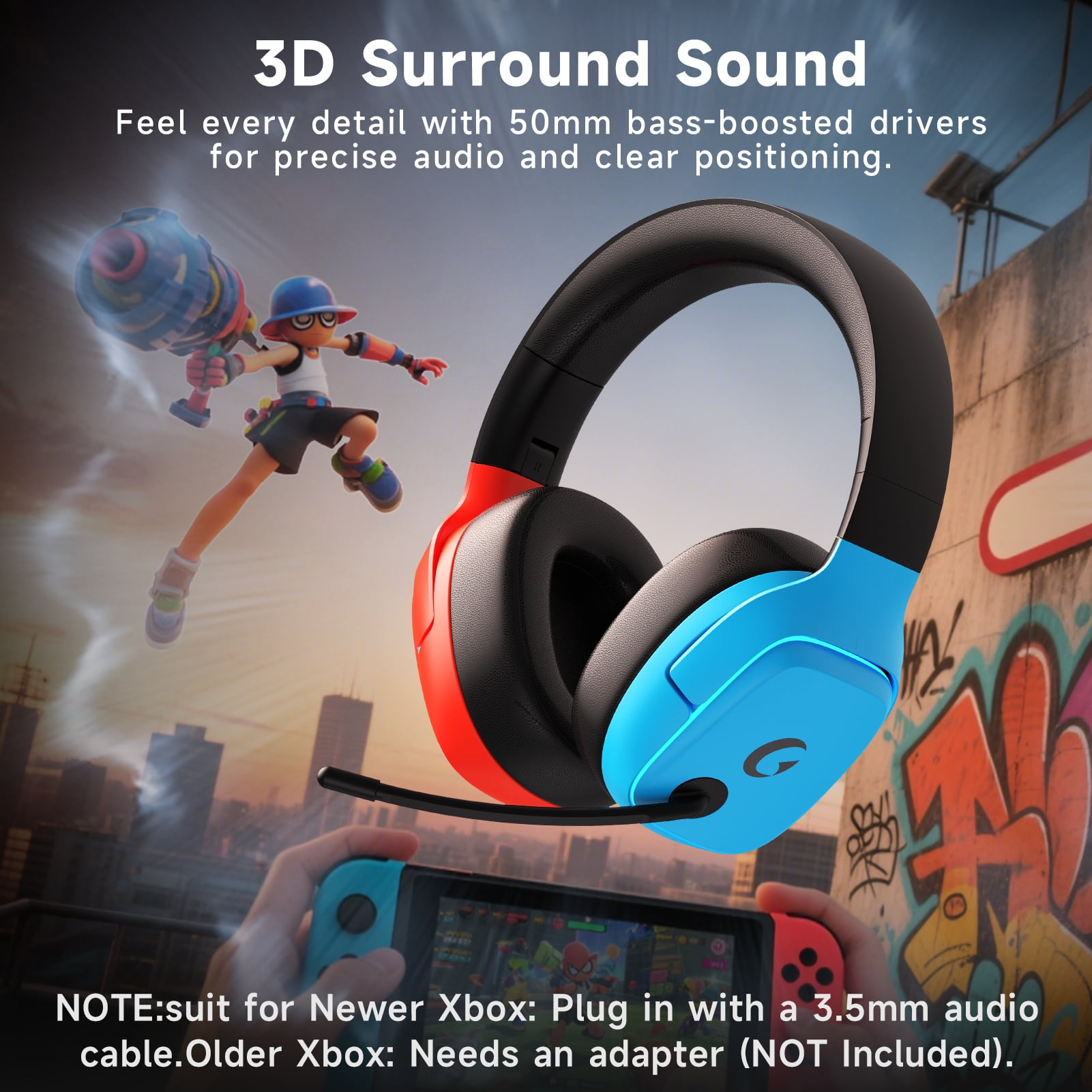 Wireless Gaming Headset 2.4GHz for PS5/PS4/PC/Switch - Bluetooth 5.3 Headphones with Noise-Canceling Mic, 7.1 Surround Sound, 70H Battery Life, RGB Lights, Foldable, Portable-Red&Blue