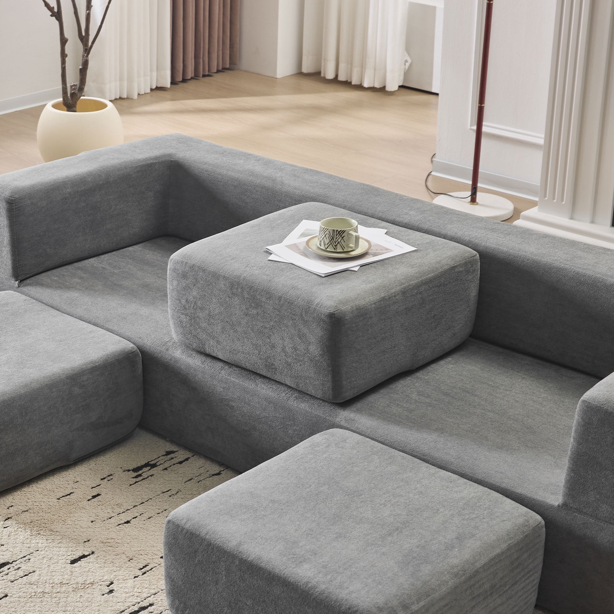 Modular Sofa Bed with 3 Detachable Ottoman Pieces, Convertible L-Shaped Sectional and Chaise Lounge for Small Apartments and Studios, Grey