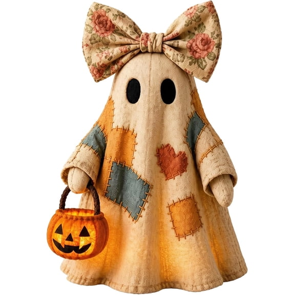 Lighted Vintage Patchwork Ghost, Light Up Ghost with Pumpkin Lantern Halloween Decor, Vintage Halloween Patchwork Ghosts Lamp, Rustic Fall Figurine Decoration for Mantel Shelf Entryway Porch