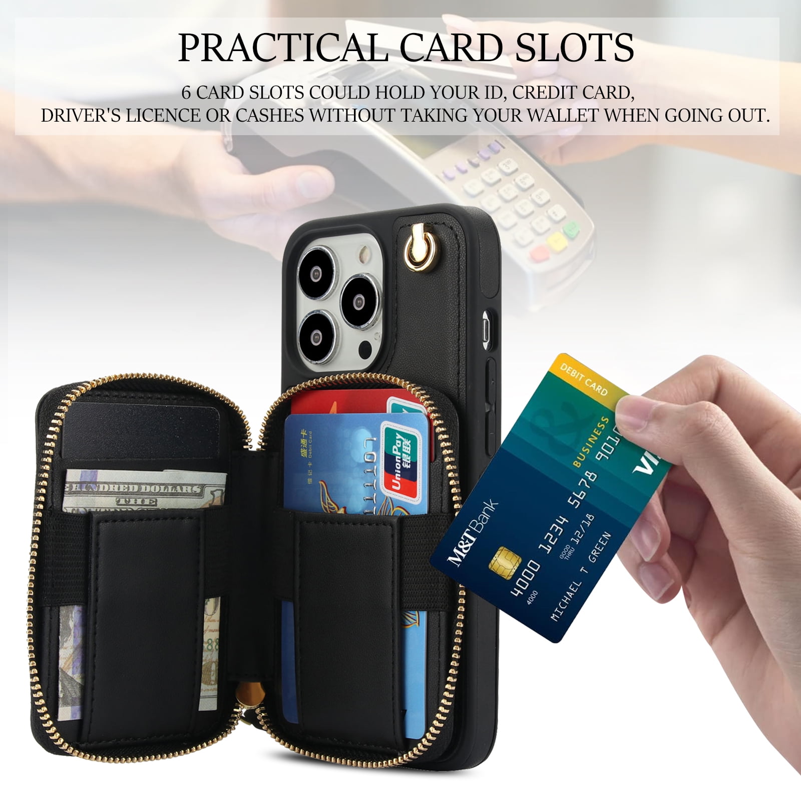 Compatible with iPhone 15 Pro 6.1 inch Wallet Phone Case Tempered Glass Screen Protector Wrist Crossbody Strap Stand Credit Card Holder RFID Slot Cell Cover for i Phone15 i15 15Pro Women Girls Black