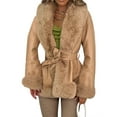 thumbnail image 3 of Women'S Faux Leather Jacket with Faux Fur Collar, Winter Long Sleeve Furry Trim Peplum Parka Coat with Belt Brown S, 3 of 8