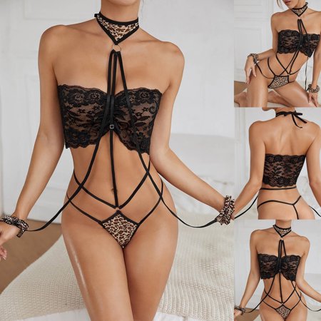 

UoCefik Women Sexy Lingerie Halter Leopard Sexy Bodysuit Lace 2 Piece Bra and Panty Sets Black M