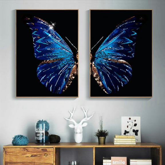 Blue Butterfly Decorative Painting Black Art Insect Canvas 2pcs Frameless Decorative Painting