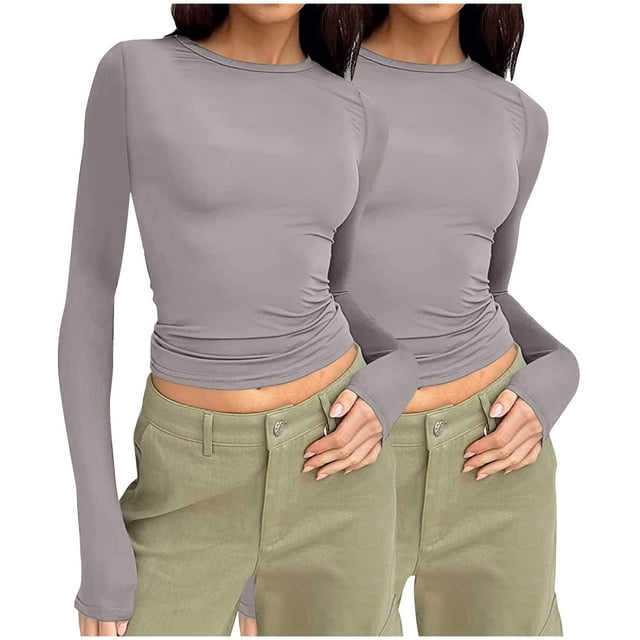 asjyhkr Lot de 2 Hauts pour Femmes Manches Longues Ajusté Col Rond T-Shirts Confortables Légers Athlétiques