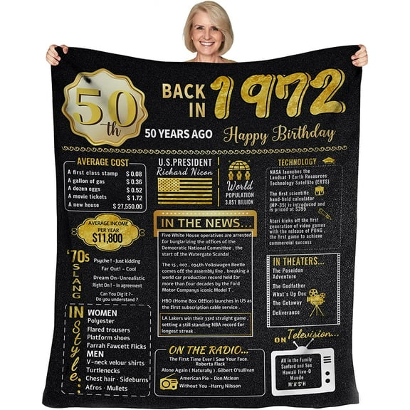 50th Birthday Gifts for Women Men Blanket Decorations Happy 1972 50 Year Old Gift Wife Mom Husband Dad Cheers to Years Back in Flannel Throw Black 60''x50''