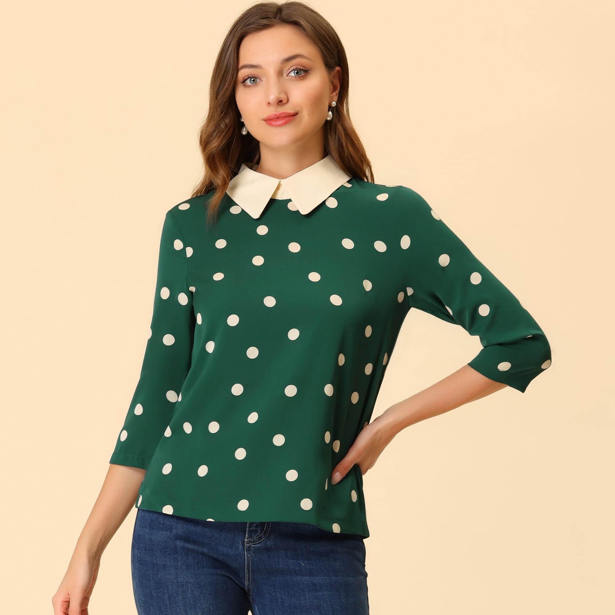 DARING DIVA Blouses 3/4 Sleeves Solid Office Work Tops M Dark Green