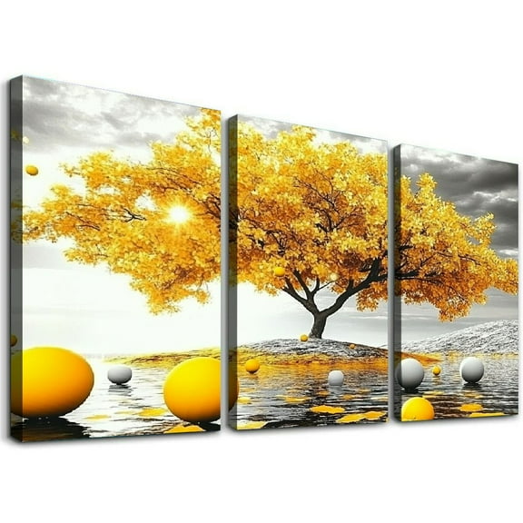 Shadudu Farmhouse Canvas Wall Art For Living Room Large Wall Decor Art For Office Black And White Wall Painting Yellow Tree View Wall Pictures Prints Artwork Bedroom Home Decoration 12x16x3pcs