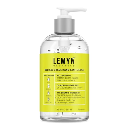 Lemyn Organics Medical‑Grade Hand Sanitizer Gel – 97 % Organic | 70 % USP Ethyl Alcohol | Moisturizing Aloe + Hyaluronic Acid | Freshly Made in USA | 12oz Bottle with Pump