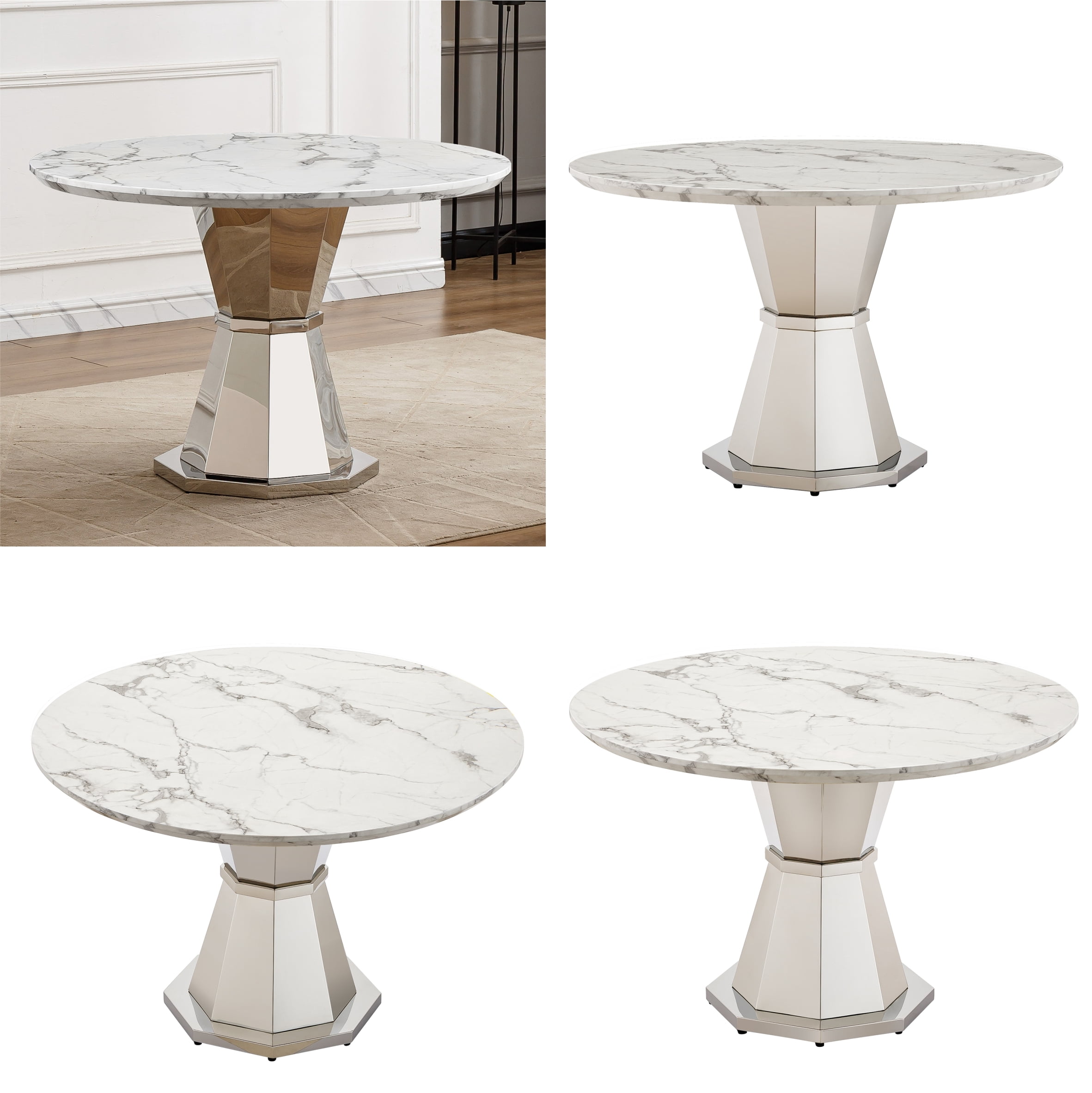 Shikeyi 47" Round Marble Dining Table for 4-6, Luxury Modern Kitchen Table with Marble Grain MDF Tabletop & Silver Mirrored Stainless Steel Pedestal Base for Dining Room, White (Table Only)
