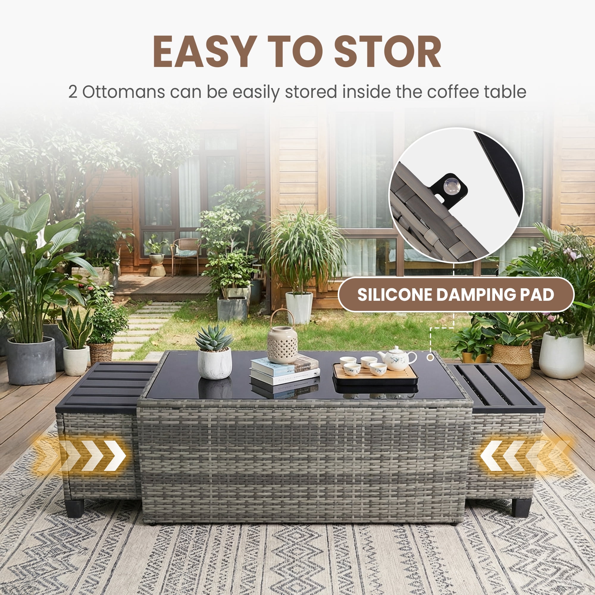 FHFO 7 Piece Outdoor Patio Furniture Sets Wicker Conversation Set PE Rattan Sectional Sofa Couch with Ottomans, and Coffee Table for Backyard, Porch and Garden(gray&Blue)
