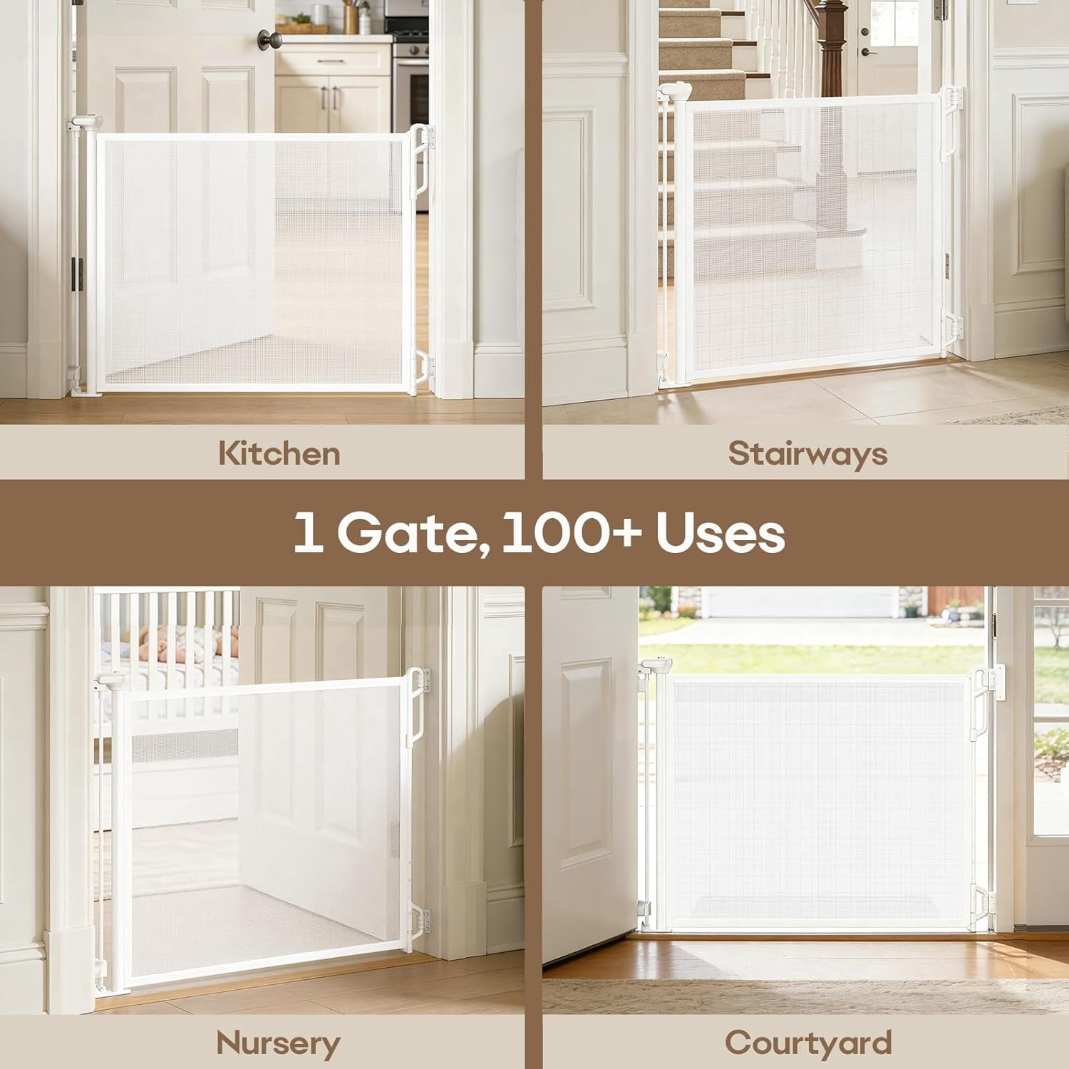 Retractable Safety Baby Gate or Mesh Dog Gate,Durable Portable Mesh Retractable Gate,Easy to Use for Stairs, Doorways, Hallways, Indoor, Outdoor, 33.5" Tall, Up to 55" Wide, Cream