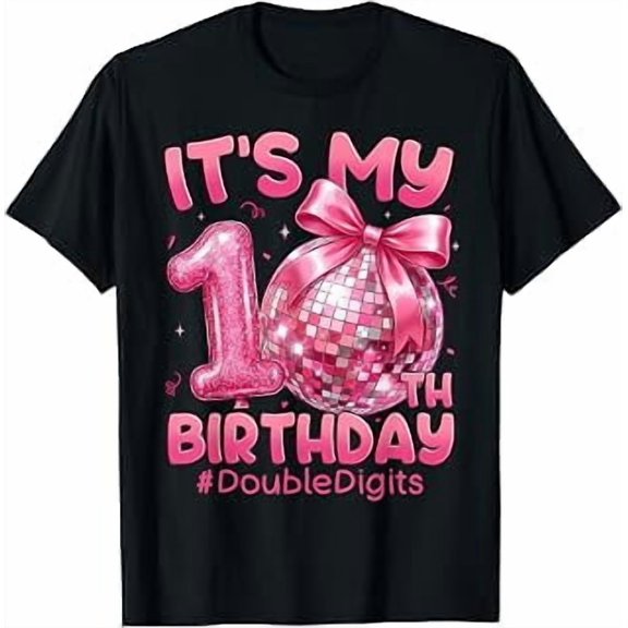 10th Birthday Girl, Pink Coquette Bow, Disco Ball, Birthday Party, Short Sleeve T-Shirt