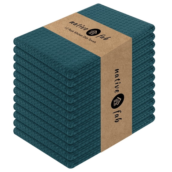 Native Fab 12 Pack Waffle Kitchen Towels - Absorbent Dish Cloths for Cleaning Drying - Teal Green