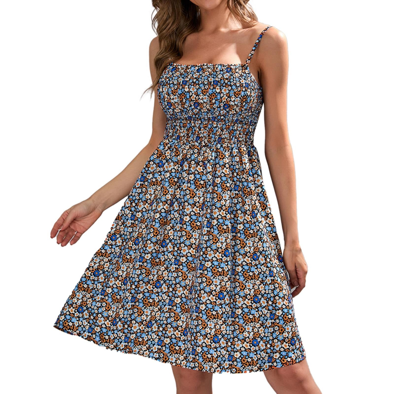 PEASKJP Dress With Built In Shapewear Women’s Summer Spaghetti Strap  Dresses Floral Print Crewneck Sleeveless Ruffle Mini Short Dress with Belt  Blue S
