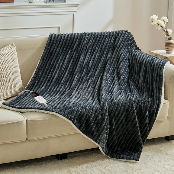 Dhole Heated Blanket Electric Throw - 50"x60" Soft Ribbed Flannel GentleSoft Electric Blanket, Heating with 4 Time Settings, 6 Heat Levels, 4 hrs Timer Auto Shut Off, Gift for Grandma -Grey