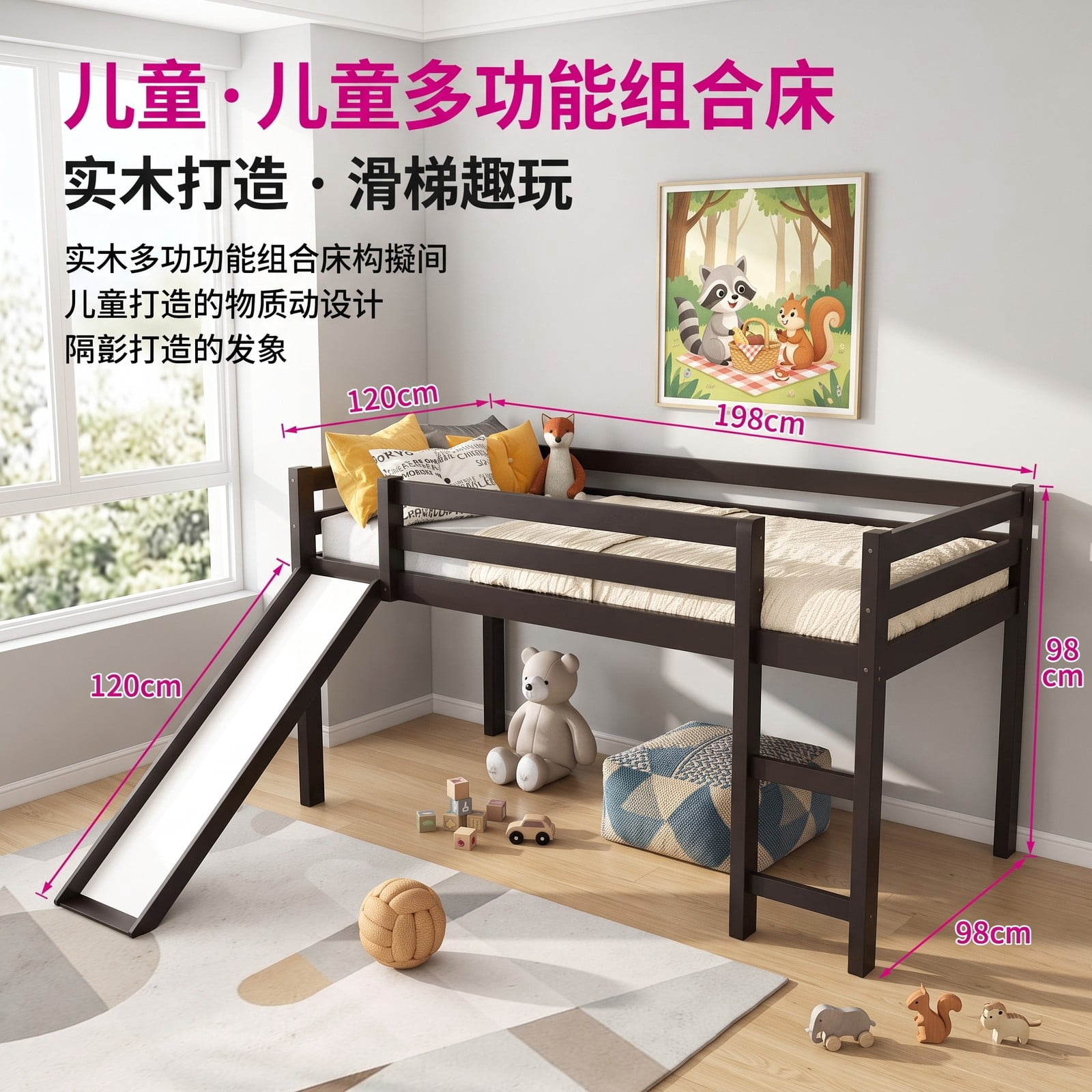 Furnibear Twin Size Low Loft Bed with Slide and Ladder for Kids Bedroom, Sturdy Wood Loft Bed Frame with Guardrails, Space-Saving, Dark Brown
