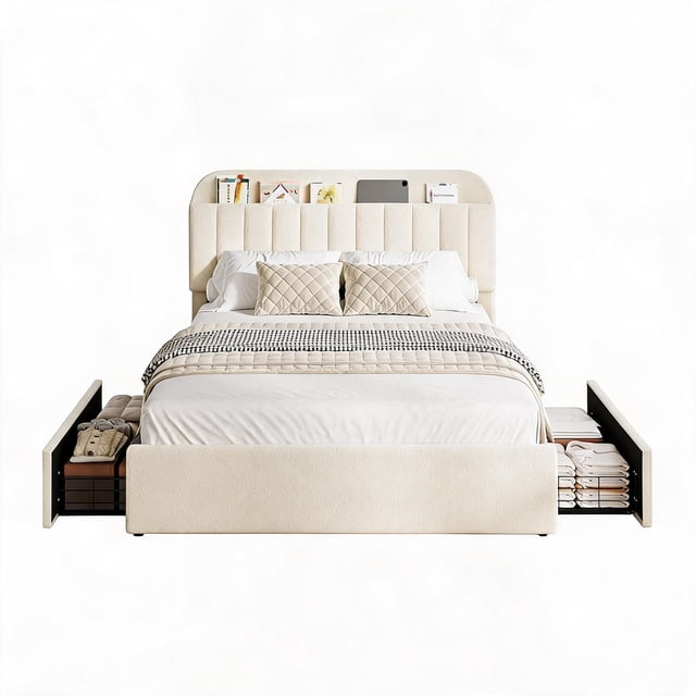 Full Bed Frame with Storage Headboard & 2 Drawers – Boucle Upholstered Kids Platform Bed | Open Bookcase Headboard | Underbed Drawers (4 Positions) | No Box Spring Needed