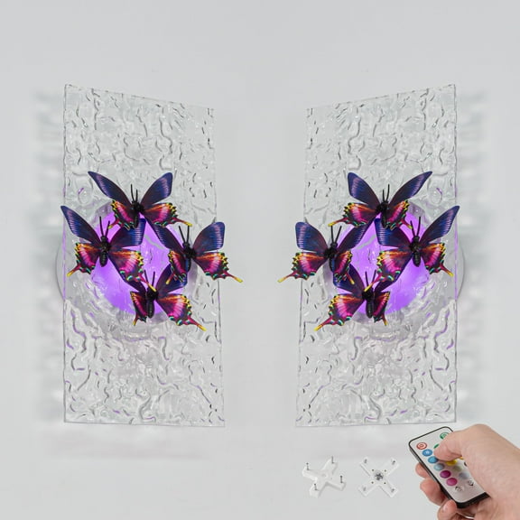 Kiven Battery Operated Wall Sconce with Remote Control,Acrylic Wireless Wall Sconces Indoor,Set of 2 Dimmable Wall Light for Hallway Bedroom Home Decor,3D Butterfly Wall Decor(No.5)