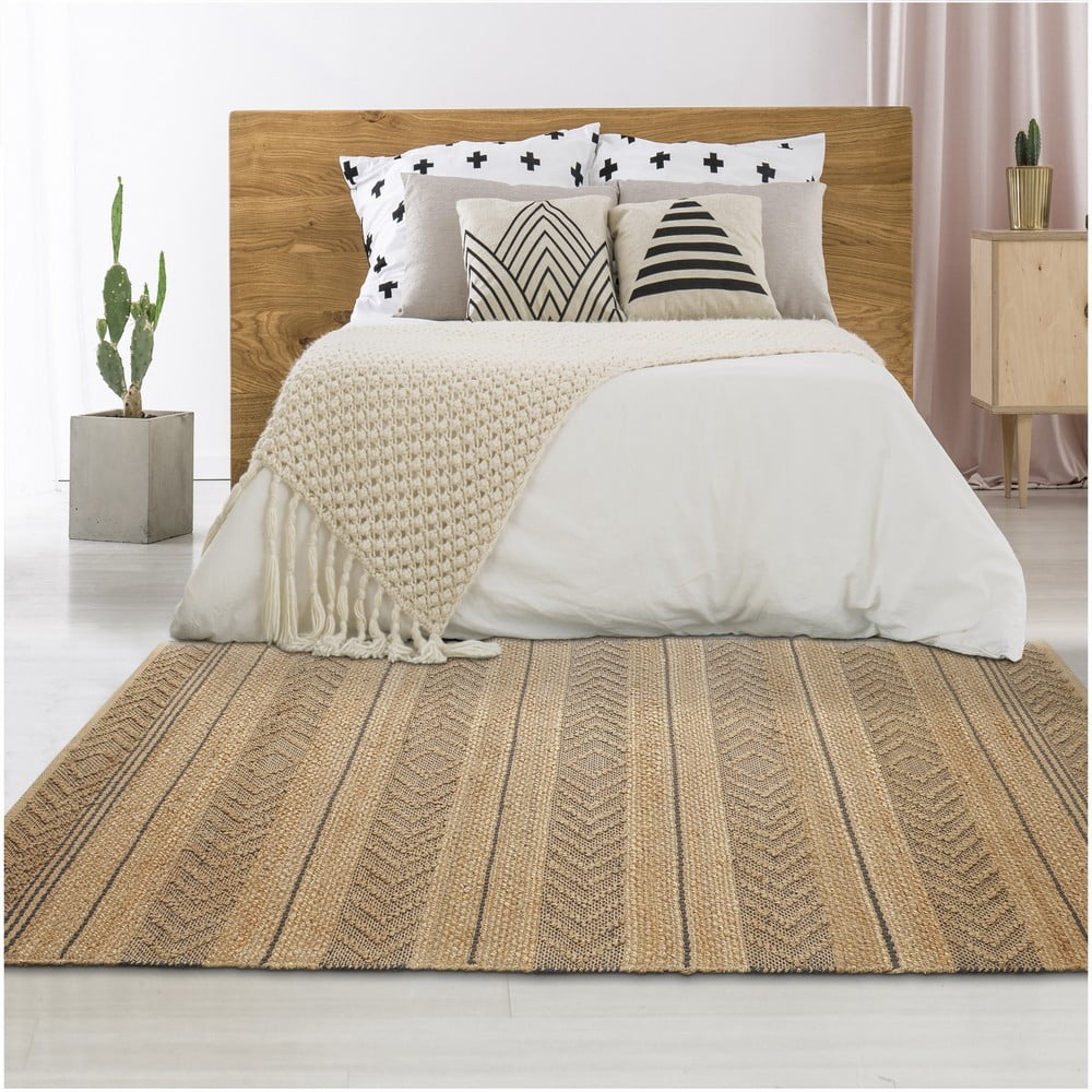 Woven Paths Tan and Black Geometric Farmhouse Organic Jute Indoor Area Rug