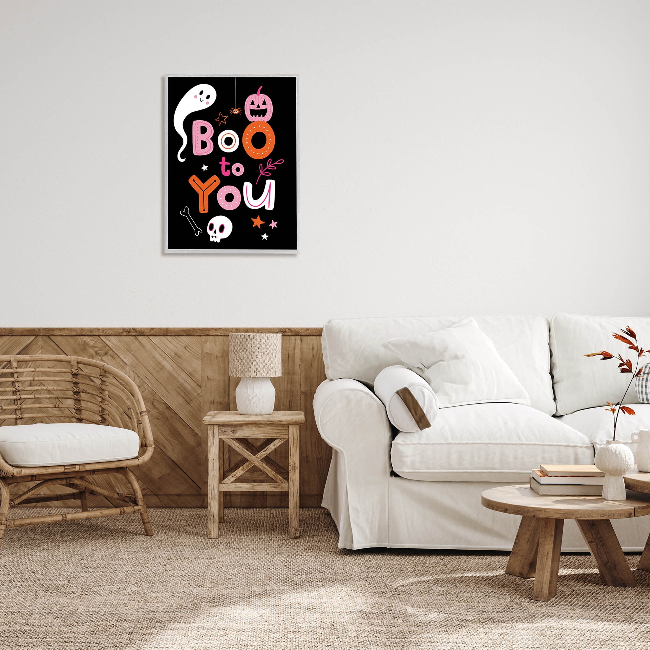 Boo To You Smiling Halloween Elements Holiday Graphic Art Gray Framed Art Print Wall Art