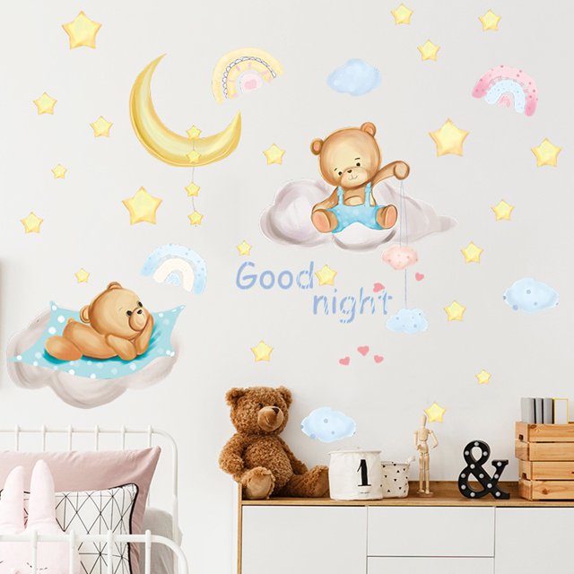 Pegatinas de pared de oso durmiendo en la luna y estrellas para decoración de habitación de bebé, calcomanías de pared de decoración de guardería de dulces sueños