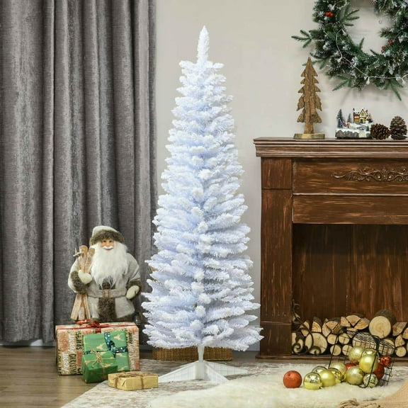 Spaco 5' Decorated Christmas Tree Snow Flocked Artificial Christmas Tree with Pencil Shape, Realistic Branches, Christmas Tree for Indoor Holiday Decoration, White