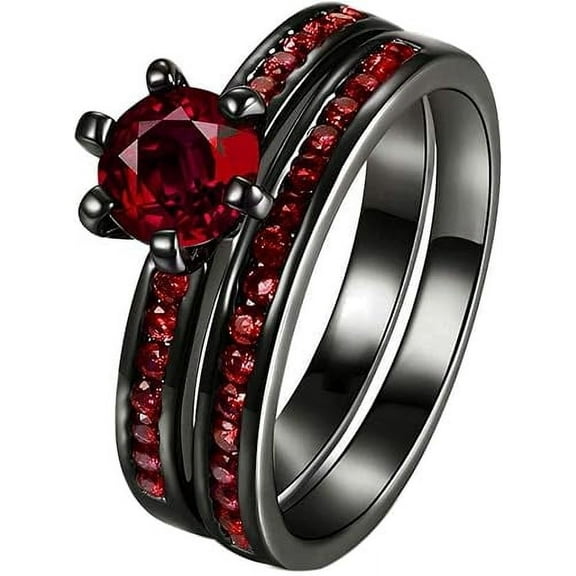 Divine Creation 14K Black Gold Plated 2 Ct Round Cut Red Garnet Wedding Engagement Bridal Ring Set For Women's 925 Sterling Silver -4