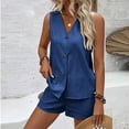 thumbnail image 6 of Women's Summer Linen Set Casual Button V-Neck Sleeveless Top And Shorts Two-Piece Set, 6 of 9