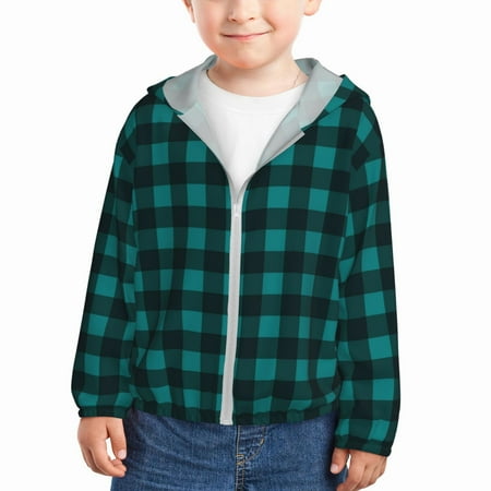 

Goofa Teal On Black Plaid Printed Kids Zip-Up Hoodie Girls Boys UPF50+ Sun Protection Jacket Hooded Cooling Shirt-5 Years