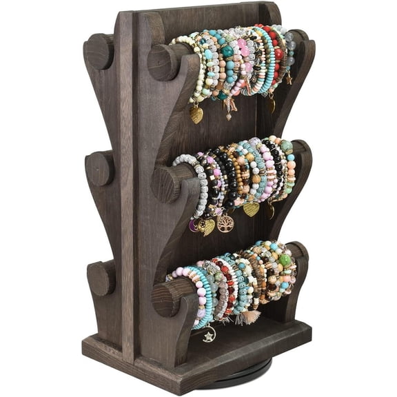 Two-Sided Rotating Wooden Jewelry Bracelet Display Stand-6 Removable Holders, 3 Tier Bar Bangle Organizer-Perfect for Bracelets and Jewelry Display, Dark Brown Color
