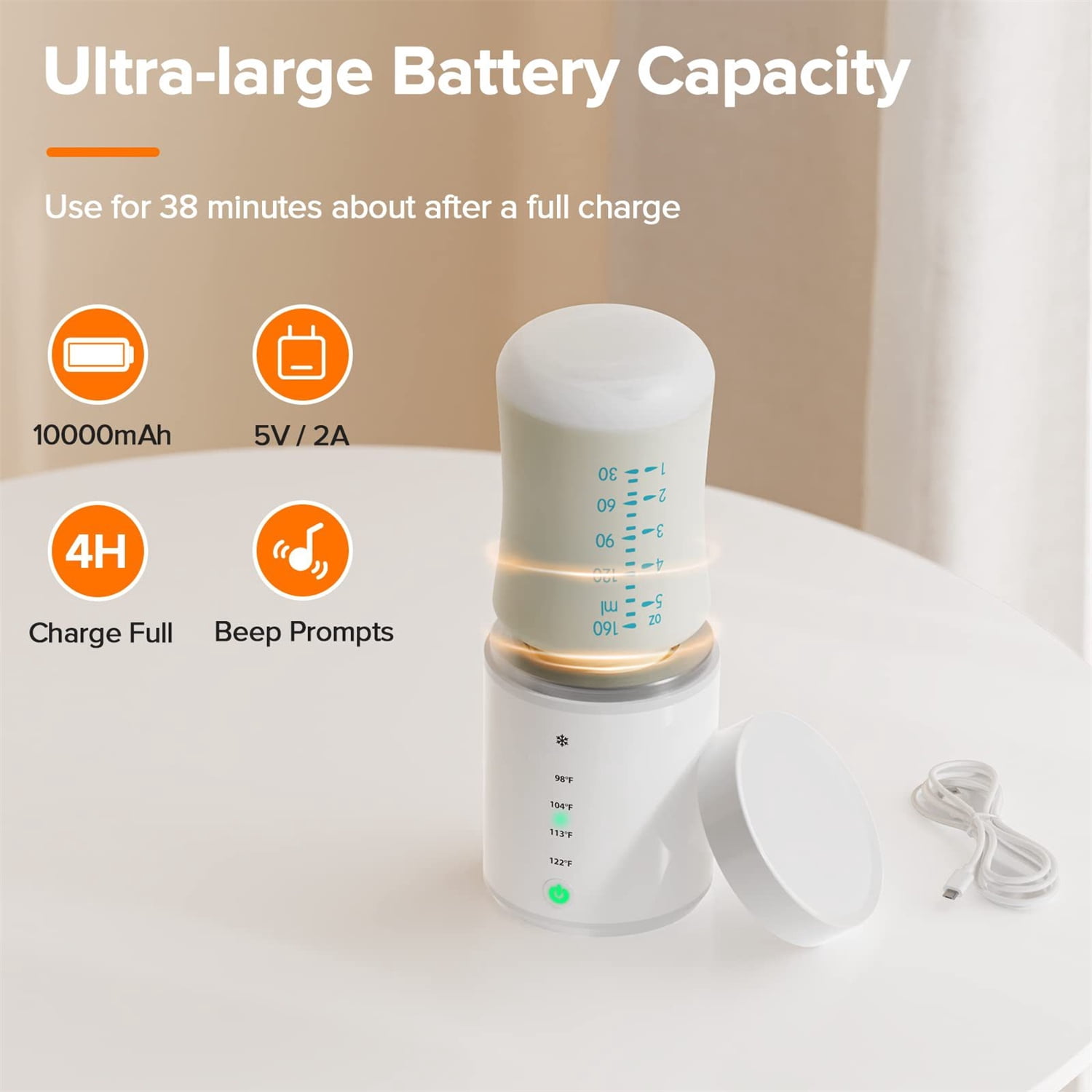 Jademall Portable Baby Bottle Warmer with 5 Adapters, 3-in-1 Rechargeable Bottle Warmer for Breast Milk, Formula & Food, 4 Temperature Settings for Travel & Home