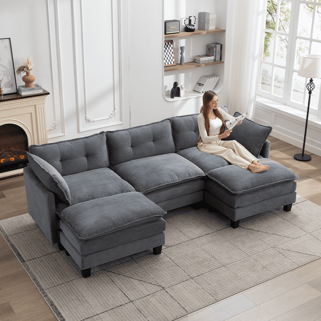 AIKEMING 112" U-Shaped Cloud Couch, Oversized Modular Sectional Sofa with 3-Seater AIKEMING Comfy Couch and 2 Movable Ottomans for Living Room, Grey