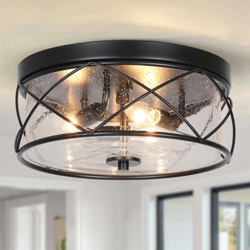 LNC Black Flush Mount Ceiling Light withseeded Glass, 3-Light 13" Modern Farmhouse Fixture