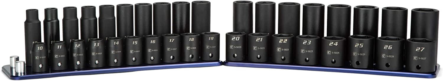Capri Tools 1/2 in. Drive Shallow and Deep Impact Socket Set, Metric, 10 to 27 mm, 36-Piece with Billet Aluminum Socket Rail