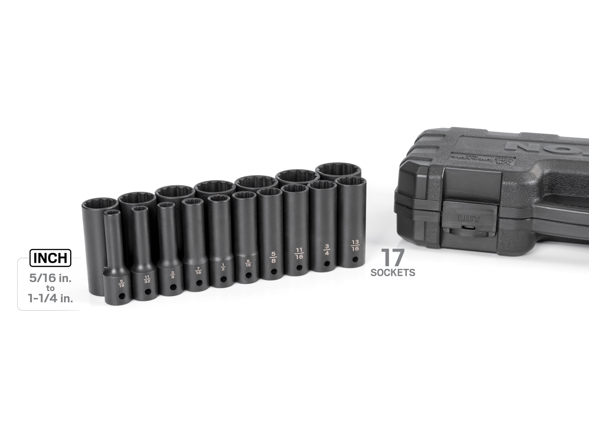 TEKTON 1/2 Inch Drive Deep 12-Point Impact Socket Set with Case, 17-Piece (5/16 - 1-1/4 in.) | SID92337