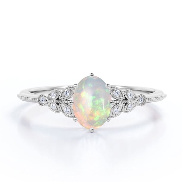 JeenMata Anillo de Compromiso de 1,10 Quilates con Ópalo Blanco de Corte Ovalado y Moissanita, Borde Milgrain, Catedral de 8 Puntas, Chapado en Oro Blanco de 18 K sobre Plata