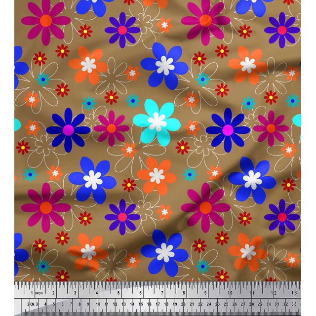 Soimoi Brown Moss Georgette Fabric Artistic Floral Printed Fabric 1 Yard 42 Inch Wide