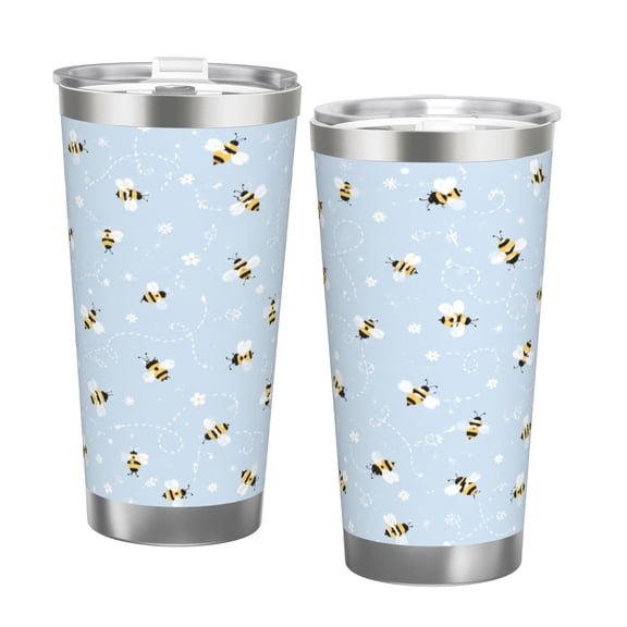 20oz Cute Bee Tumbler with Handle and Straw Stainless Steel Insulated Travel Coffee Cup Spring Gift with Double Silver Rim