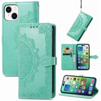 Feishell Embossed PU Leather Wallet Phone Case for Apple iPhone 15 Plus,Full Protection Magnetic Clasp Flip Stand Card Slots Shockproof Protective Cover with Hand Strap,Green