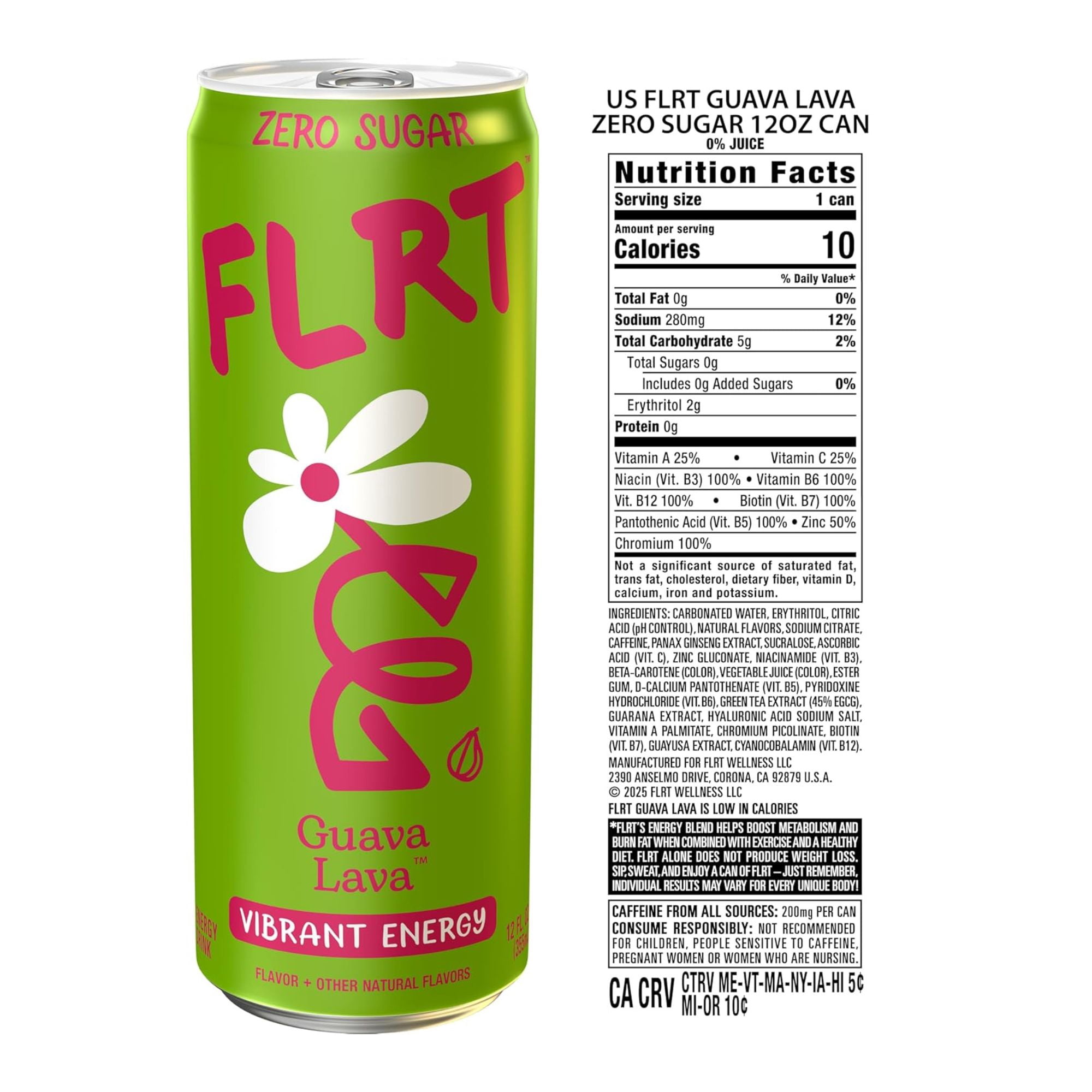FLRT Energy Drink 4‑Flavor Sampler Pack, 4 Cans, Zero Sugar