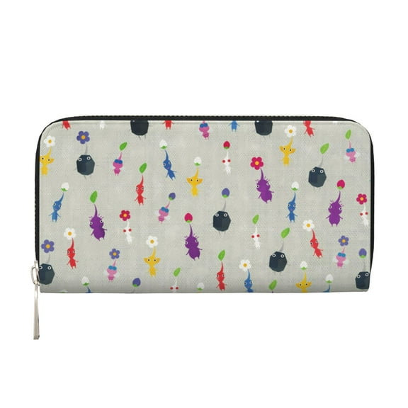 Lsque Pikmin Pattern Leather Hand Wallet – Long PU Leather Wallet for Women with Zipper Closure, 8 Card Slots, Coin Pouch & Multiple Cash Compartments