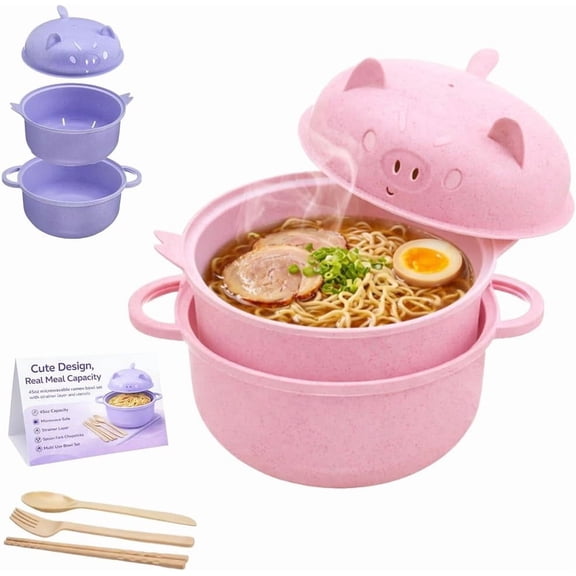 Ramen Noodle Bowl Set with Strainer Lid – Cute Pig Wheat Straw Microwave Safe Container, Includes Spoon, Chopsticks & Fork, for Dorm, Office, Quick Meals, Pasta, Salad