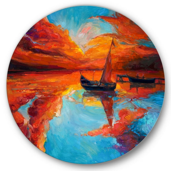 Designart 'Little Boat During Warm Deep Red Evening Glow' Nautical & Coastal Circle Metal Wall Art 36x36 - Disc of 36