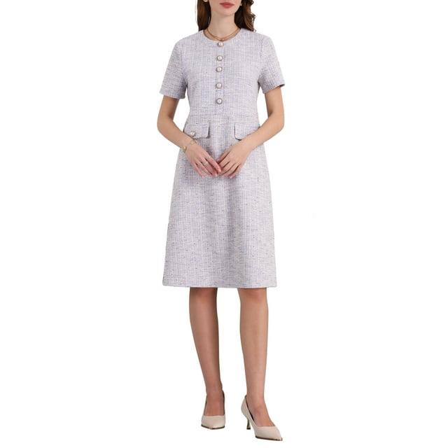 Vestido de Tweed para Mujer INSPIRE CHIC con Botones, Manga Corta, Elegante, Tipo Sheath, Talla 2XL, Color Púrpura