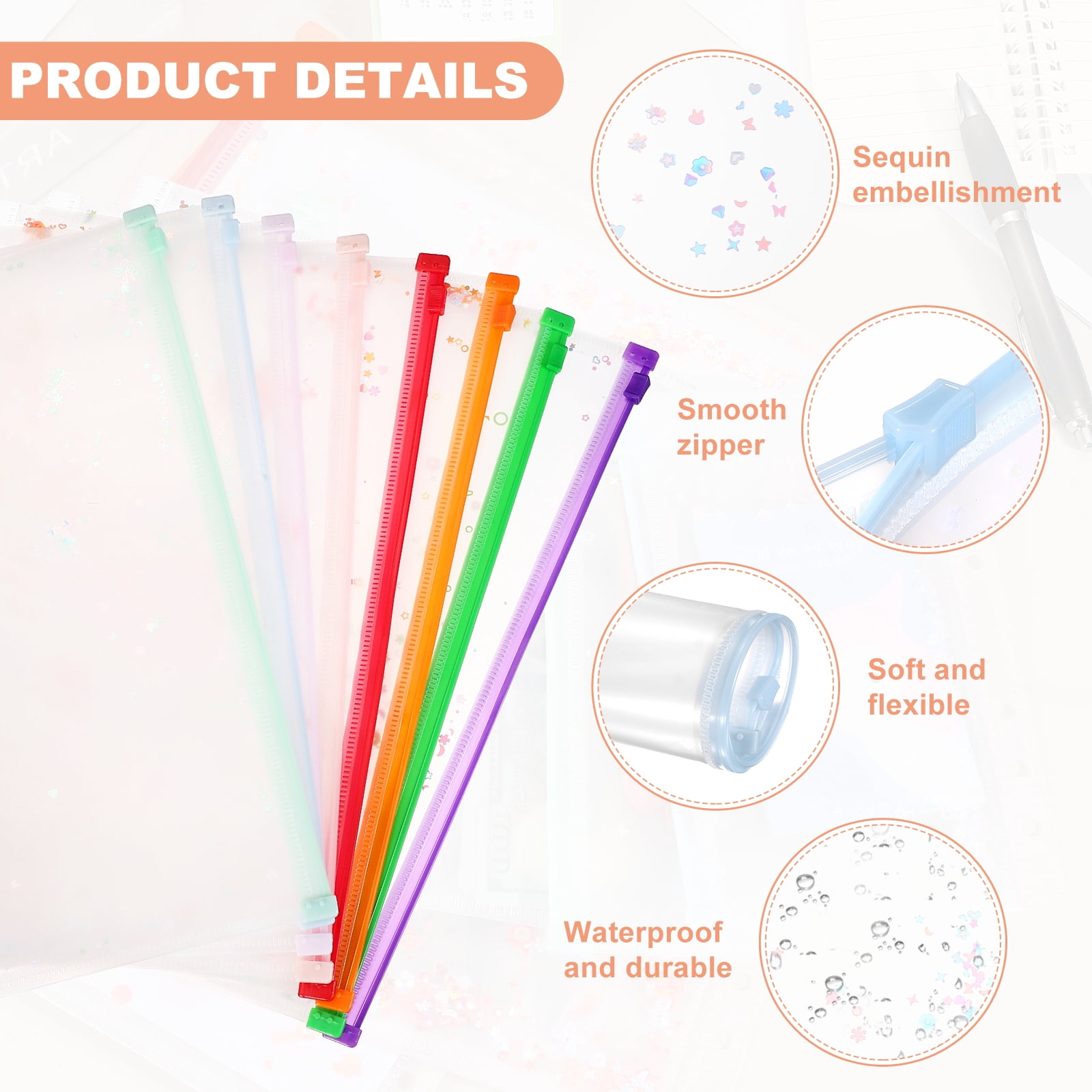 Uxcell 6Pcs A4 Plastic Binder Zipper, Binder Pockets 12 x 9" Clear Envelope Folders Planner Waterproof Pouch Filing with Sequin Decor for Document Notebook Card Organizer, Light Blue