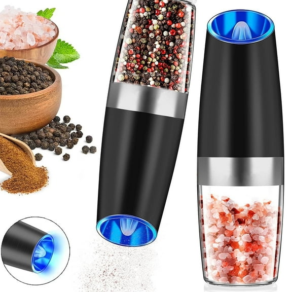 Electric Pepper and Salt Mill Set, Coarseness Adjustable, Automatic Gravity Salt and Pepper Mill, Battery-Powered Salt and Pepper Shaker with LED Light,  2-Piece Set (Black)