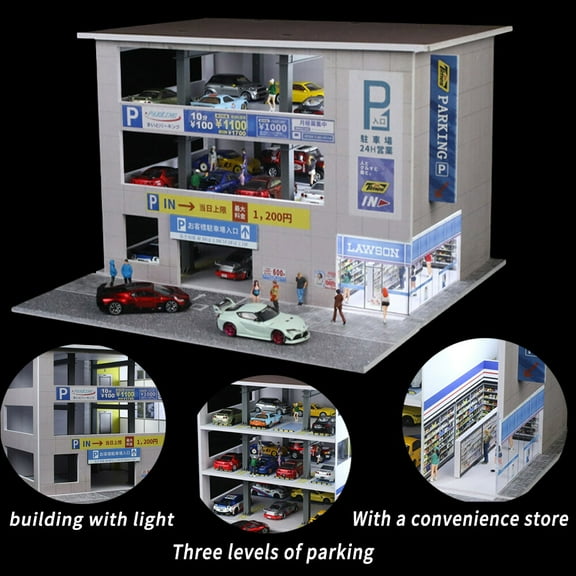 Diorama 1:64 Car Garage Model With LED Lighting, Japanese Parking Garage Display Case, Three Times Parking Building Display Box for Die-Cast Car Scene Display Box Collection Storage