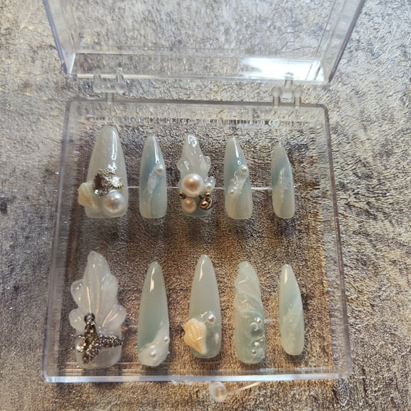 10pcs 3D Blue Shell Pearl Mermaid Beach Glue Handmade Press On Nails (M)