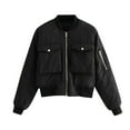 thumbnail image 3 of BiZtdJrK Womens Short Bomber Jacket Zip Up Long Sleeve Fashion Cropped Outerwear Casual Fall Jackets with Flap Pockets Black M, 3 of 7